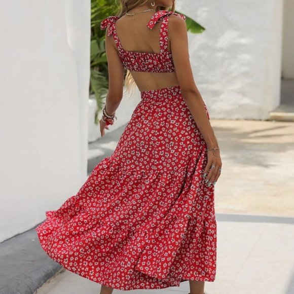 Red Ditsy Floral Print Cami Top & maxi Skirt Set - Picture 5 of 7
